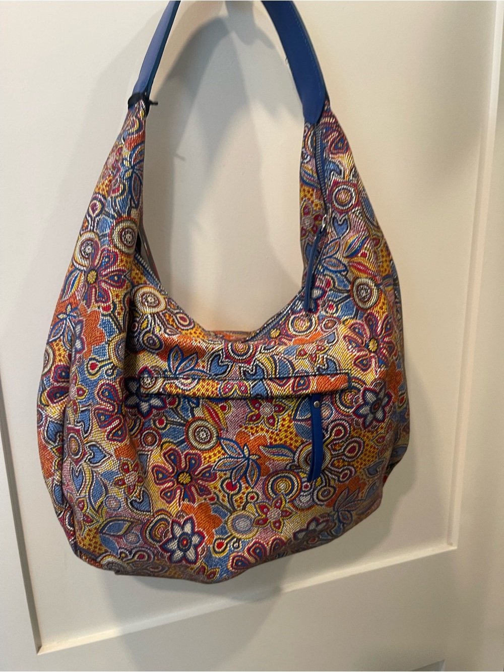 Colorful Floral Shoulder Leather Bag with Blue Trim